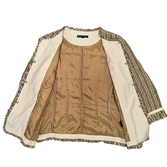 Lafayette 148 Textured Tan Tweed Blazer Jacket Pockets Fringe Trim Size 16 - Picture 5 of 6